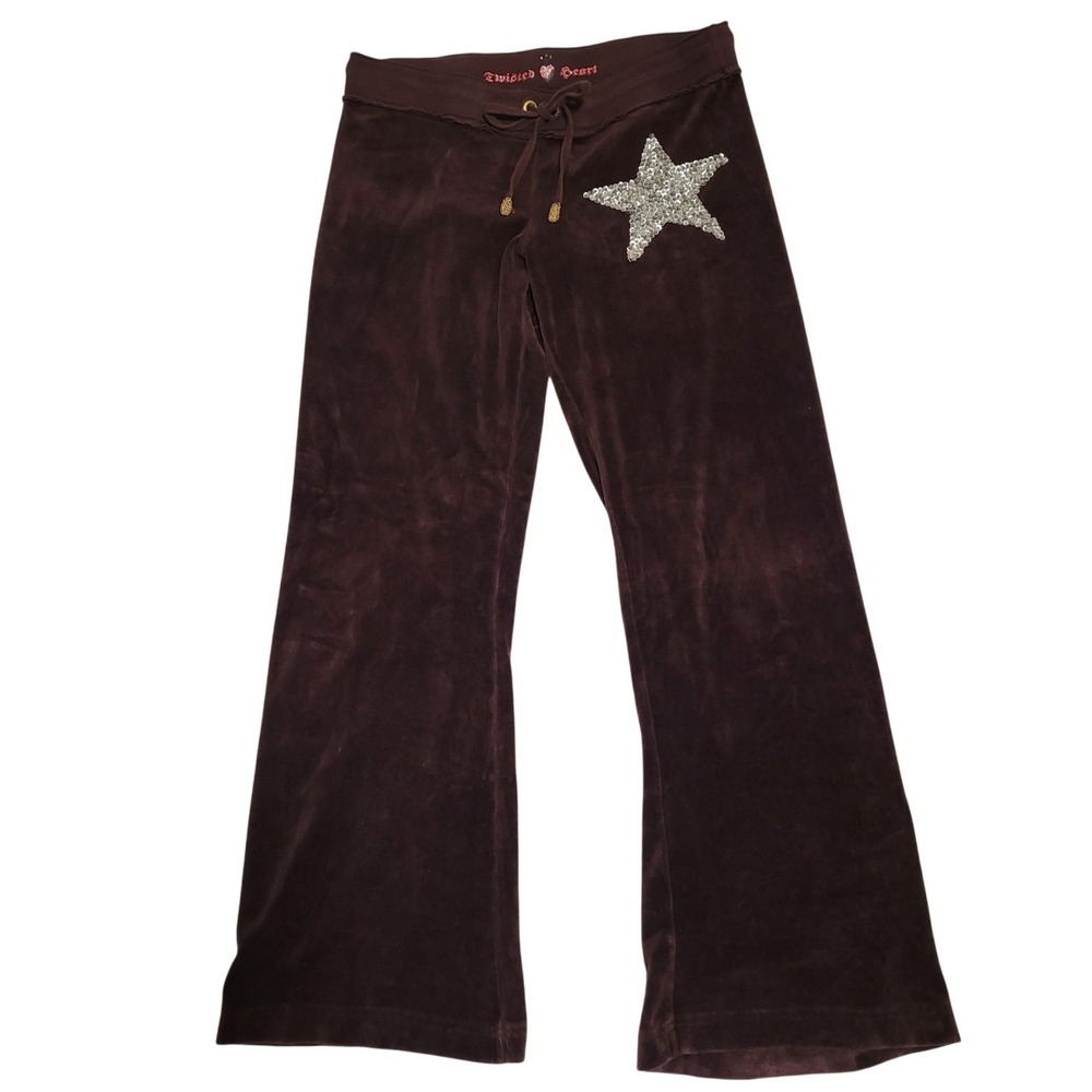 Vintage Twisted Heart Brown Velour Track Pants Sequin Star Slim Flare Low Rise